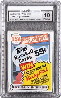 1985 Topps Unopened Cello Pack - Featuring McGwire Rookie Card on Top - GAI Pristine 10